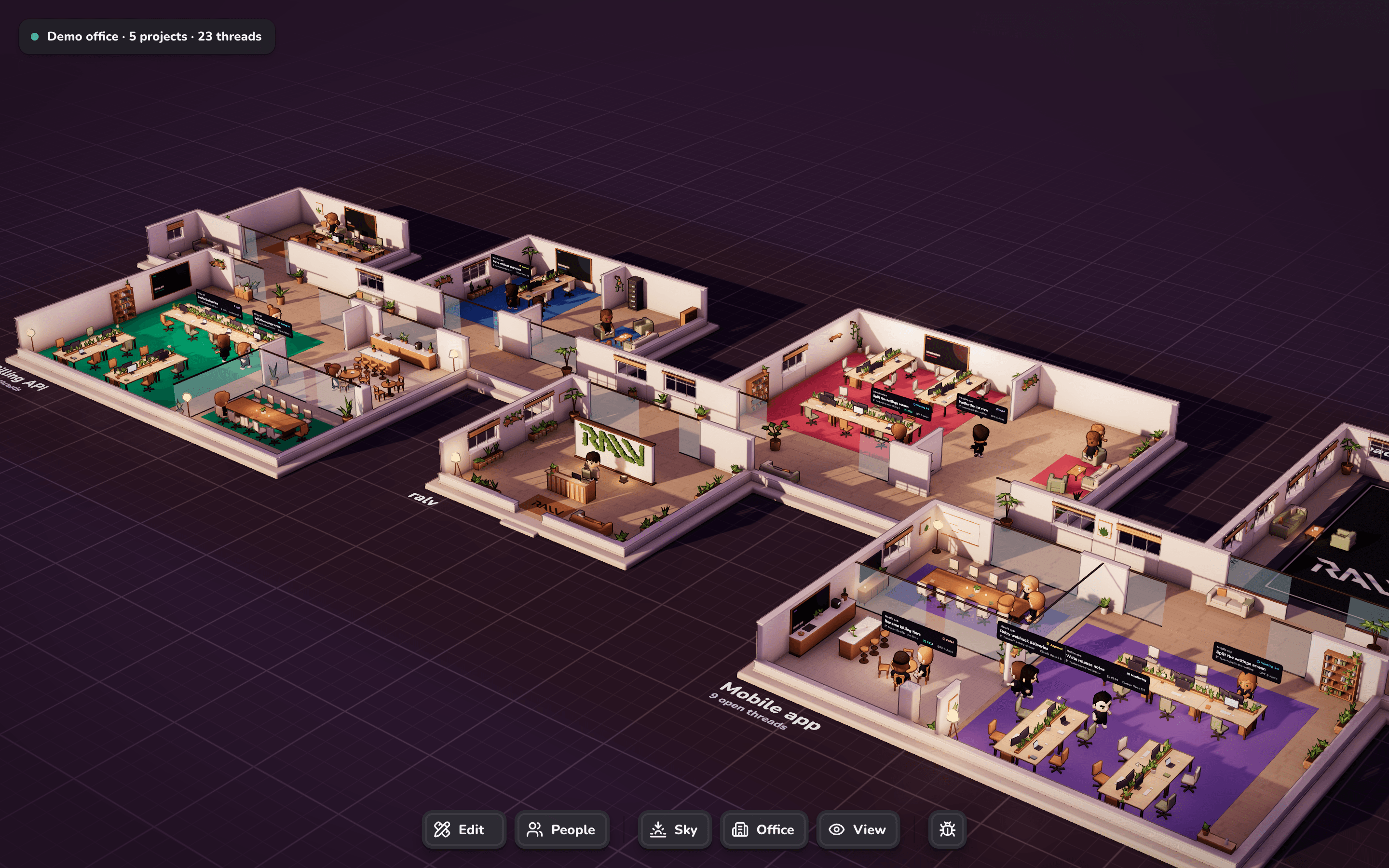 ralv showing a demo office in the evening: one room per project, agents at their desks