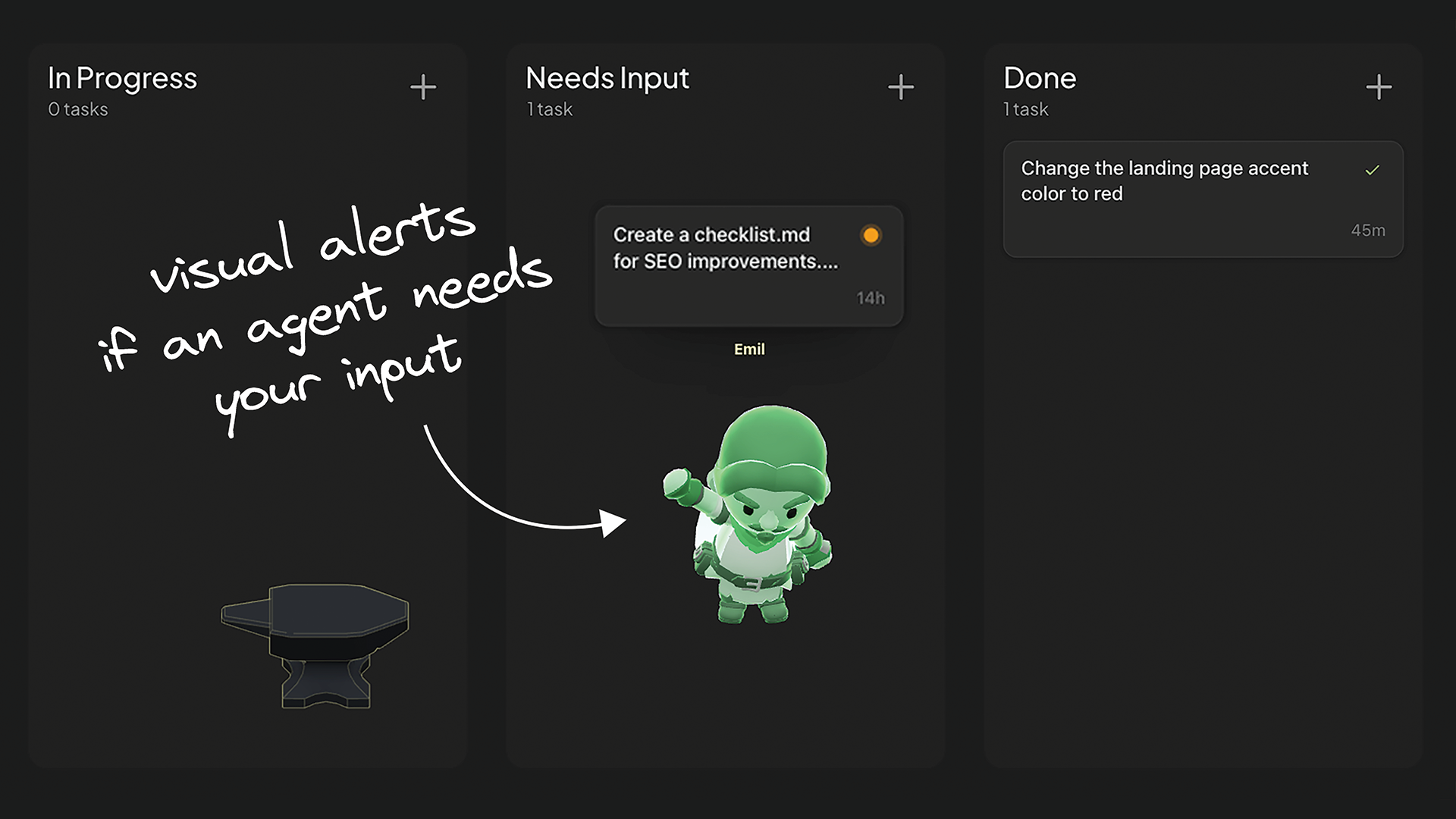 Visual alerts when an agent needs input.